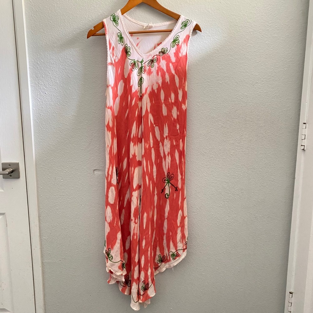 Tie Dye Embroidered Sharkbite Summer Hem Dress Coral White OS UZ106